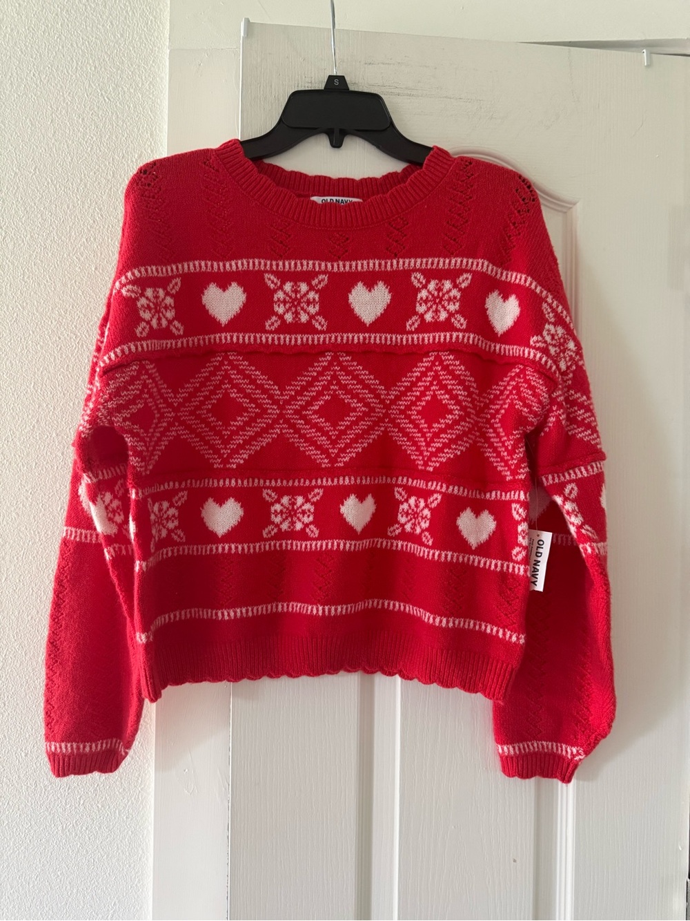 Old Navy Heart Fair Isle Sweater Red Pink Cropped Valentine NWT S